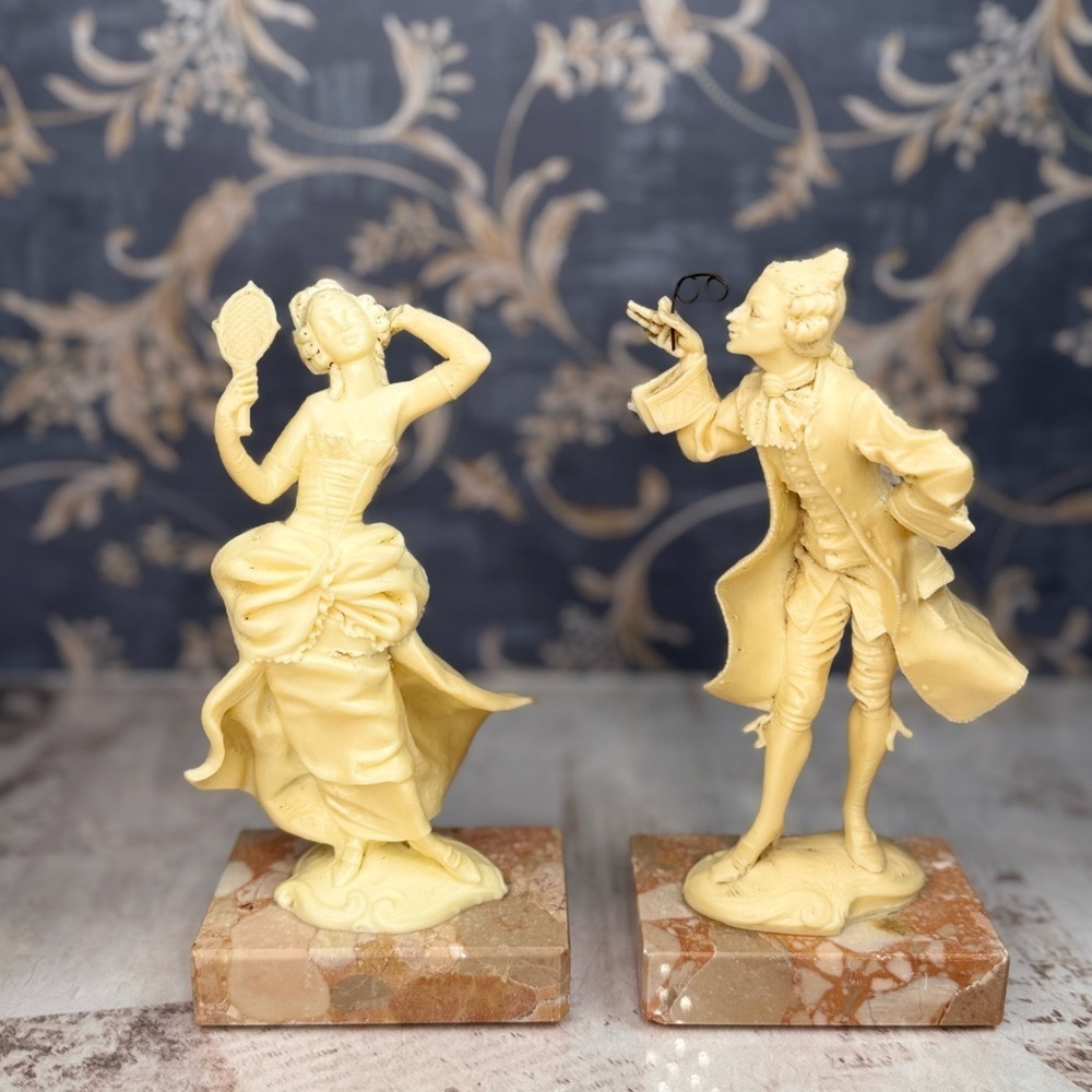 Vintage Rococo Couple Figurines on Marble Bases Resin Ivory Tone Pair